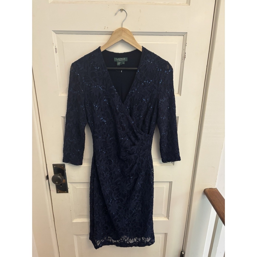 Lauren Ralph Lauren Formal Navy Lace Sequin Sheath Dress Faux Wrap Size 6